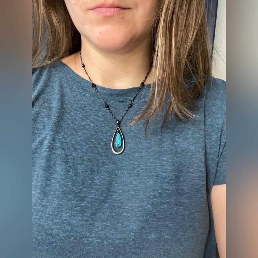 Black Teardrop Pendant Necklace with Blue Stone